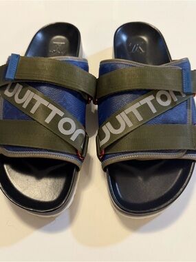 Louis Vuitton Navy & Olive Green Logo Strap Slides